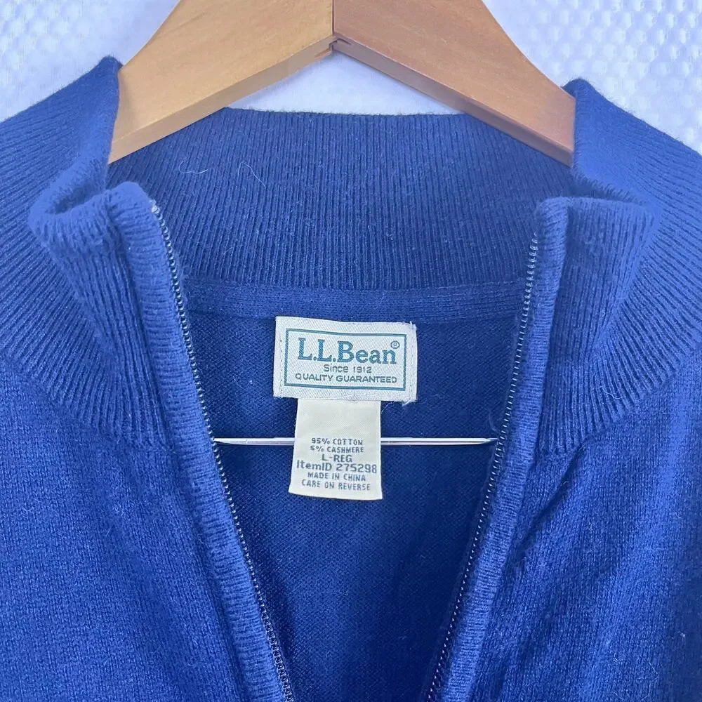 L.L. Bean Sweater Men's L Navy Blue 1/4 Zip‎ Cotton Cashmere Blend (M512)